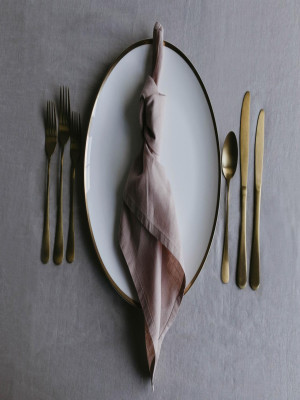 Accents Three - White China Charger with Gold Band & Six Piece Brushed Gold Cutlery Set