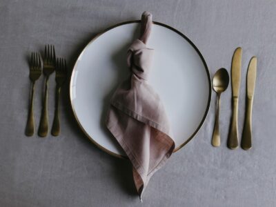 Accents Three - White China Charger with Gold Band & Six Piece Brushed Gold Cutlery Set